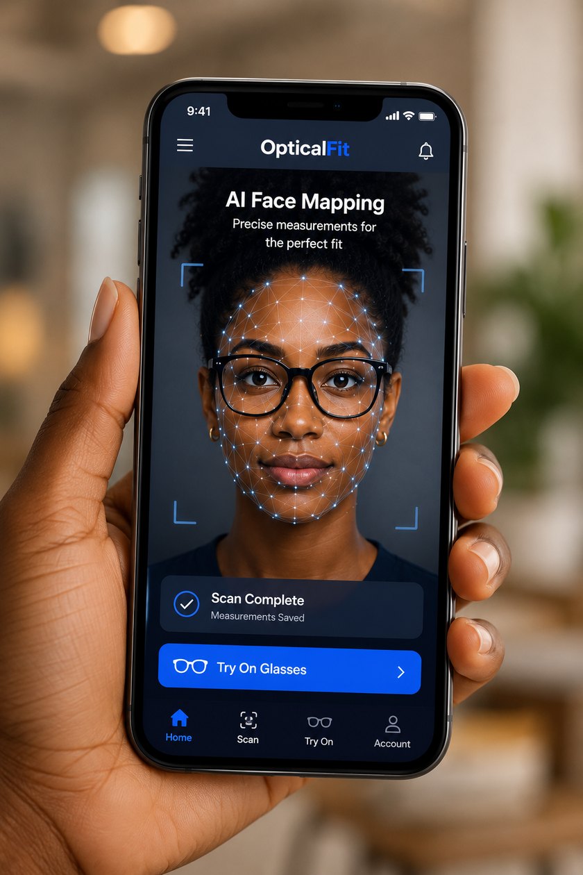 OpticalFit mobile app showing AI face mapping and virtual eyewear try-on